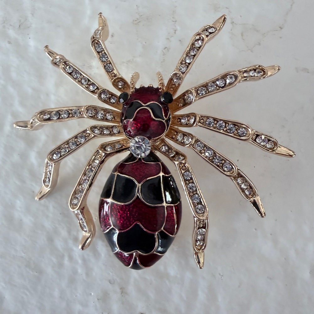 Spider Brooch Red & Black with White Gemstone Accents – Cute Fashion brooch